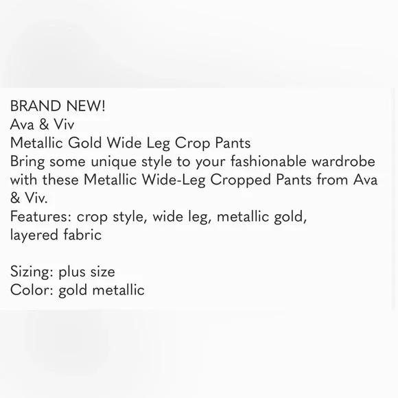 NWT! Ava & Viv Metallic Gold Wide Leg Crop Pant - Picture 5 of 5
